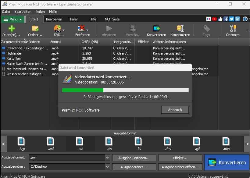Prism Video Dateikonverter Konversionsgeschwindigkeit Screenshot