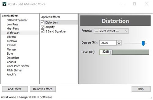 Voxal Voice Changing Software voice changer settings and effects screenshot